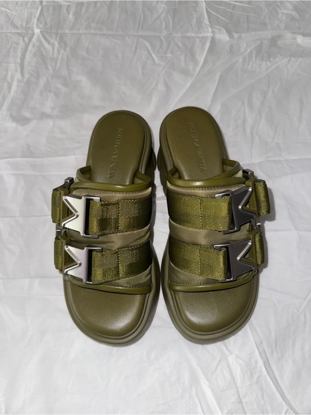 Bottega Veneta Olive Green Chunky Platform Buckle Slide Mules - Picture 2 of 5